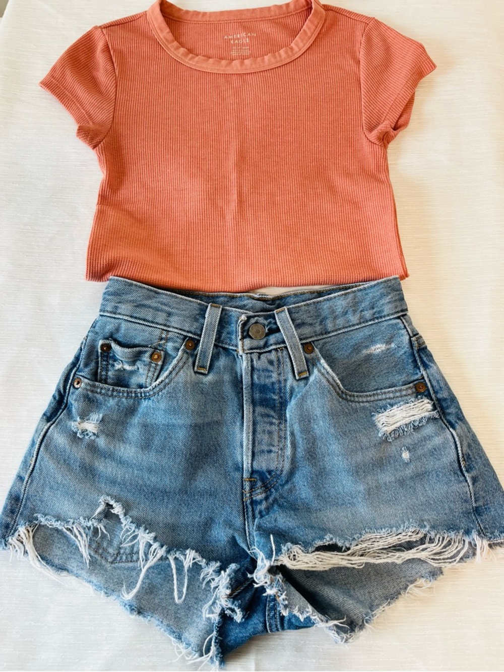 Levi's Distressed Light Blue Denim Jean Shorts and AE Ribbed Tshirt